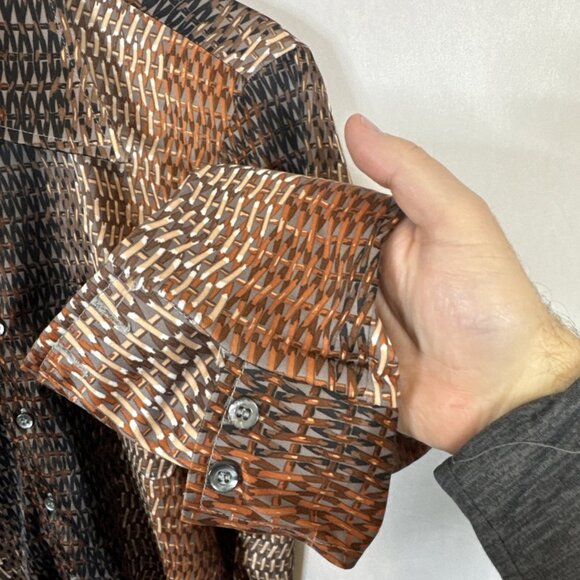 Vintage 70s Brown Geometric Disco Shirt Men’s L (Fits M-L) Sheen Polyester - Picture 2 of 5